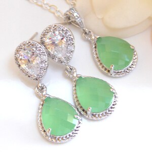 Hochzeitsschmuck, zirkinsäurefarbene Zirkonia und grüne Mint Ohrringe und Halskette, Sterling Silber, Brautjungfern Schmuck, Pistazien, Fluorit, Geschenke, Set, Baumbau