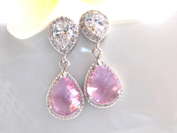 Sterling Silver Ball Post with Drop Earrings Cubic Zirconia Teardrop - Purple Sterling Silver Ball Post with Drop Earrings Cubic Zirconia Teardrop - Purple