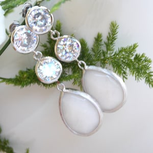 Wedding Jewelry, Bridesmaid Jewelry, Cubic Zirconia and White Jade, Milky, White, Bridesmaid Earrings, Drop,Silver, Dangle,Brides Gifts