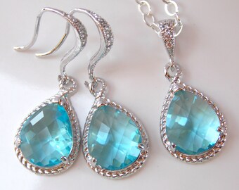 Establece sistema de la joyería de Dama de honor, collar y pendientes de aguamarina, azul, Aqua, plata, Circonita, joyería de la boda, colgantes, regalos