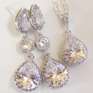 Wedding Jewelry, Sterling Silver, Cubic Zirconia, Bridal Jewelry, Bridal Earrings, Bride Earrings and Necklace Set, Dangle, Long,Set Pendant