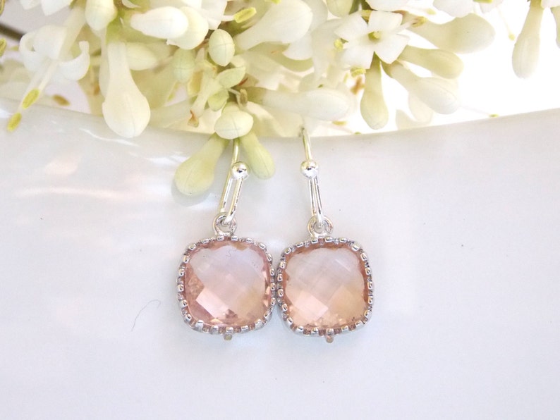 Wedding Jewelry, Peach Earrings, Champagne, Blush,Silver,Bridesmaid Jewelry,Small Earrings, Dangle, Bridesmaids Gifts, Wedding Gifts, Dainty image 1