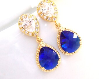 Joias de casamento, zircônia cúbica e brincos de cobalto, joias de noiva, azul royal, azul escuro, ouro, poste, presentes para damas de honra, pendurado, gif