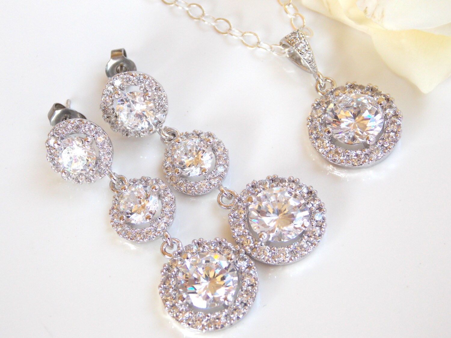 Set Gioielli Sposa In Argento - Collana E Orecchini Con Zirconia, Per Matrimonio E Serate - Foto 7