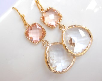 Wedding Jewelry , Crystal and Peach Earrings, Gold, Peach, Clear,Blush,Bridesmaid Earrings,Bridesmaid Gifts, Bridesmaid Jewelry,Dangle, Drop