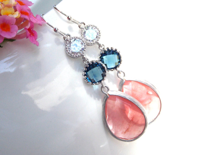 Long Earrings Wedding Jewelry,Coral Navy Blue Clear Earrings Brides Gifts,Bridesmaids Gifts,Bridesmaids Jewelry Bridesmaids Gifts Dangle