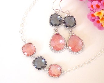 Bridesmaid Jewelry, Coral and Grey Earrings and Bracelet Set, Gray Coral, Grapefruit, Charcoal, Sterling Silver, Dangle, Bracelet Set,