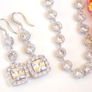 Wedding Jewelry, Sterling Silver, Cubic Zirconia, Bridal Jewelry, Bridal Earrings and Necklace Set, Bride Earrings,Dangle, Pendant Set,Gifts