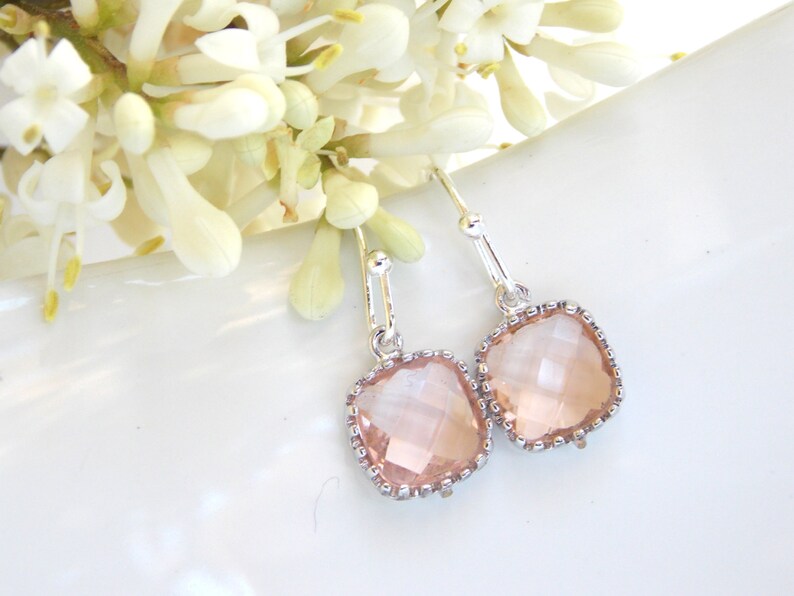 Wedding Jewelry, Peach Earrings, Champagne, Blush,Silver,Bridesmaid Jewelry,Small Earrings, Dangle, Bridesmaids Gifts, Wedding Gifts, Dainty image 2