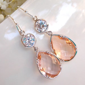 Wedding Jewelry, Cubic Zirconia and Peach Earrings, Bridesmaids Jewelry,Champagne,Blush,Silver Earrings, Mother&#39;s Gift, Dangle Drop,Teardrop