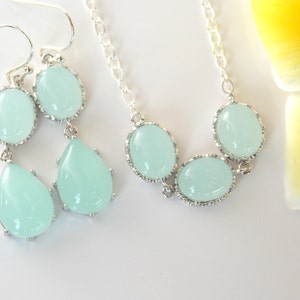 Bridesmaid Jewelry, Mint Earrings and Necklace Set, Light Green, Aqua, Sterling Silver, Bridesmaids Gifts,Wedding Gifts, Dangle, Gifts,