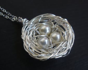 Mother Necklace, Mother Jewelry, Mother Gift, Mom Jewelry, Sterling Silver Bird Nest, Pearl, Wire Wrapped, Nest Necklace, Friend Gift