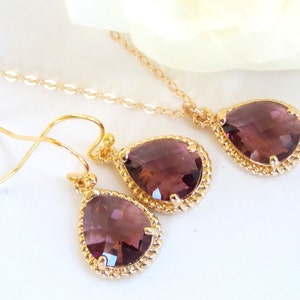 Bridesmaid Jewelry, Plum Earrings and Necklace Set, Eggplant, Burgandy, Wedding Gifts, Gold Filled, Wedding Jewelry, Dangle, Gift, Pendant