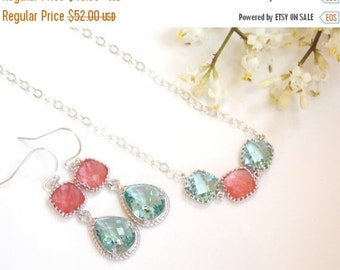 Wedding Jewelry, Earrings and Necklace, Aqua and Coral , Erinite and Grapefruit, Set, Wedding Gifts, Bridesmaids Sets, Bridesmaid Gift, Drop