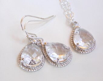 Brautjungfer Schmuck, klare Ohrringe und Halskette, Kristall, Silber, Braut-set, Hochzeitsschmuck, baumeln, Brautjungferngeschenk, Tropfen