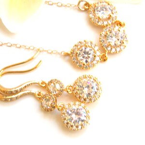 Wedding Jewelry Set, Gold, Earrings and Necklace Set, Cubic Zirconia, Bride Pendant Set, Bridesmaid Earrings, Dangle, Long,Bridesmaids Gifts
