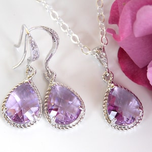 Bridesmaid Gifts, Lavender Earrings and Necklace Set ,Lilac, Violet, Sterling Silver, Cubic Zirconia, Wedding Jewelry, Dangle, Wedding Gifts