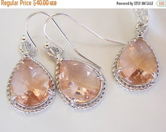 Bridesmaid Jewelry Set, Peach Earrings and Necklace Set, Champagne, Blush, Sterling Silver, Wedding Jewelry, Dangle, Gift, Drop, Pendan