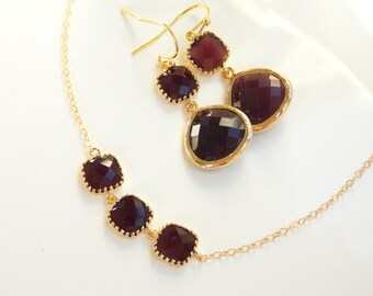 Burgundy Earrings and Necklace Set, Bridesmaid Jewelry Set, Gold Burgundy  Necklace, Wine Maroon, Gold Filled Cubic Zirconia Bridesmaid Gifts - Etsy