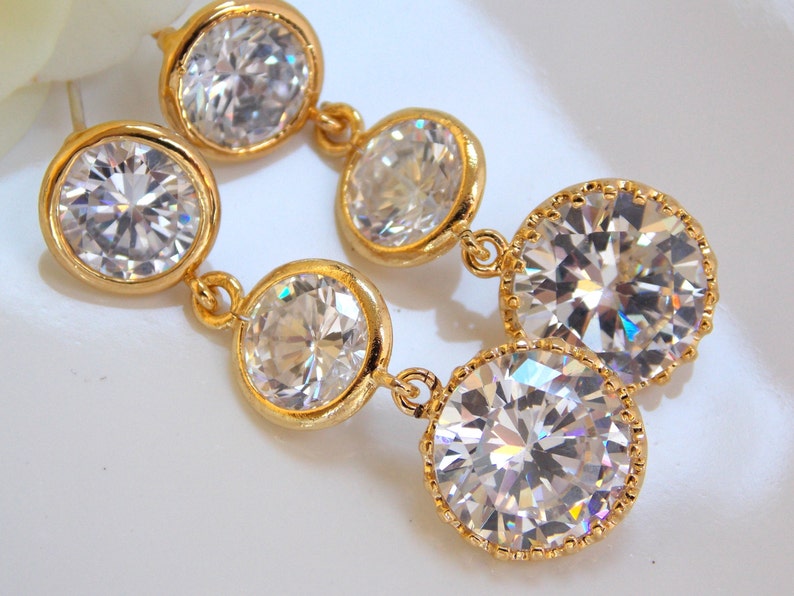 Long Dangle Gifts Bridal Jewelry Mother/'s Gift Wedding Jewelry Clear Gifts Gold Crystal Cubic Zirconia Earrings Wedding Earrings