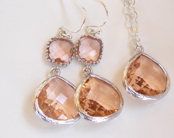 Wedding Jewelry, Peach Earrings and Necklace, Sterling Silver, Champagne, Blush, Bridesmaid Gifts, Bridesmaid Jewelry, Dangle,Pendant, Set