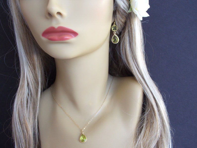 Wedding Set Green Green Apple Gold Filled Peridot Pendant Set Apple Green Earrings and Necklace Set Bridesmaid Jewelry Set Dangle