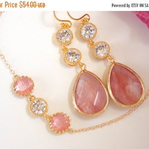 Wedding Jewelry, Bridesmaid Jewelry,Coral and Cubic Zirconia Set,Coral And Cubic Zirconia Earrings and Bracelet, Gifts,Set,Gold,Dangle, Long