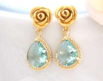 Wedding Jewelry, Bridesmaid  Jewelry, Erinite Earrings, Aqua Blue, Aqua Green, Blue, Bridesmaid Gifts, Bridesmaid Earrings, Drop, Gold, Gif