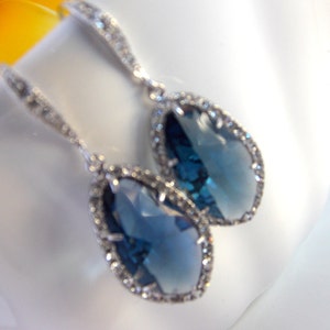 Joias de casamento, brincos de noiva, brincos azul marinho, azul escuro, Montana, prata, zircônia cúbica, brincos de dama de honra, pendentes, presentes de noiva