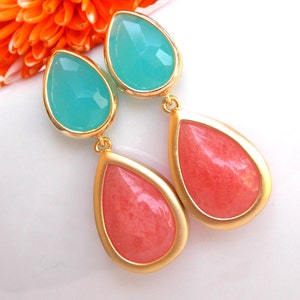 Wedding Earrings, Coral and Mint Earrings,Pink and Mint,Bridesmaids Gifts,Peach and Mint Earrings,Wedding Gifts,Gold Post,Dayed Jade Co