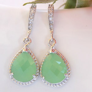 Wedding Jewelry, Mint Green Earrings, Light Green, Pistachio, Silver, Cubic Zirconia, Bridesmaid Jewelry, Bridesmaid Earrings, Dangle, Gift image 2