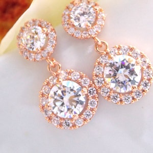 Wedding Jewelry, Bridal Earrings, Rose Gold Earrings, Cubic Zirconia Earrings,Rose Gold Clear, Wedding Gifts, Bridesmaid Gifts, Dangle, Post