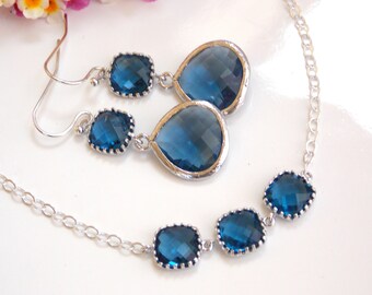 Wedding Jewelry Set,Navy Blue Earrings and Bracelet,Dark Blue,Sterling Silver,Bridesmaid Gifts,Bridesmaid Jewelry, Dangle, Bracelet Set