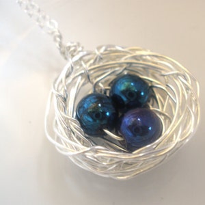 Mother's Necklace, Mother's Jewelry, Mother's Gift, Navy Blue, Sterling Silver Bird Nest,  Pearl, Wire Wrapped, Nest Necklace, Friend Gift