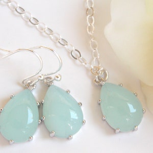 Bridesmaid Jewelry, Mint Earrings and Necklace Set, Light Green, Aqua, Sterling Silver, Bridesmaids Gifts,Wedding Gifts, Dangle, Gifts, Drop
