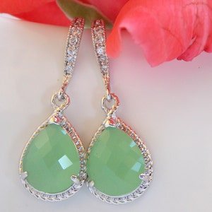 Wedding Jewelry, Mint Green Earrings, Light Green, Pistachio, Silver, Cubic Zirconia, Bridesmaid Jewelry, Bridesmaid Earrings, Dangle, Gift image 3