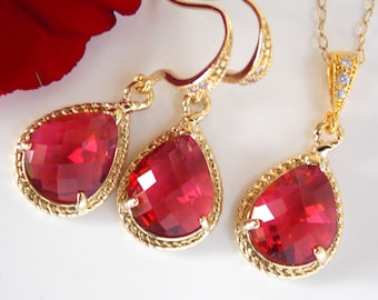 Bridesmaid Jewelry Set, Fuschia Earrings and Necklace Set, Hot Pink, Dark  Pink, Gold Filled, Cubic Zirconia, Pendant, Drop - Main Image