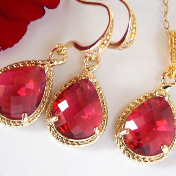 Bridesmaid Jewelry Set, Fuschia Earrings and Necklace Set, Hot Pink, Dark Pink, Gold Filled, Cubic Zirconia, Pendant, Drop