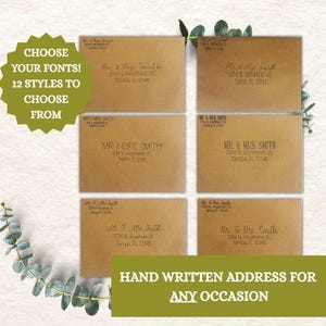 Sobres personalizados de 5x7 para invitaciones, manuscritos, con 12 elegantes estilos de fuente, en verde salvia, blanco y marrón kraft. Sobres con dirección.