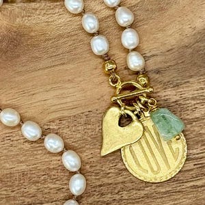 淡水パール トグルネックレス - ゴールドラブハート - アクアマリンナゲット - 彼女へのギフト