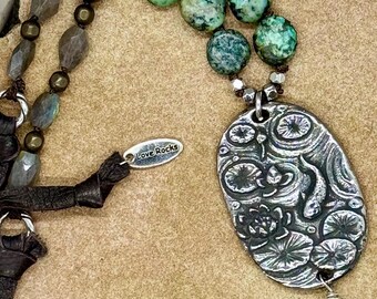 Gemstone Necklace - Pewter Koi Pond Pendant -  Handmade Artisan - Boho Jewelry - Gift for Her