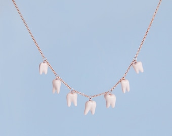 Teeth  Necklece /SIAMESE TWIN STUDIO /Porcelain Teeth Charms Gift for Dentist/ Molar Collar/ Statement Necklace Quirky Jewelry for Halloween