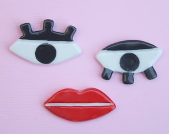 Porcelain Face Brooch Set: Surrealist Eyes and Lips Pins