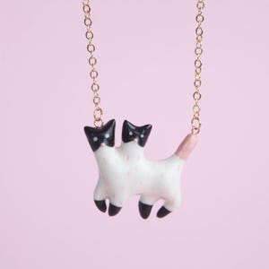 Siamese Cat Necklace /SIAMESE TWIN STUDIO /Double-head Cat Jewelry Whimsical Porcelain Tuxedo Cat Lucky Pendant Weird and Cute