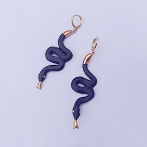 Black Snake Earrings/ SIAMESE TWIN STUDIO/Black Porcelain Dangle Earrings / Snake Jewelry Witchy Gold Plate Gift For Snake Lover