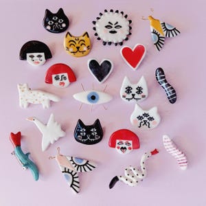 PORCELAIN BROOCHES /Different Patterns/ Cat Pins/ Cute Ceramic Brooch/ Doll Face Pins / Moth Brooch/ Tulip ,Sun, Swan, Snake Brooch, Eye Pin