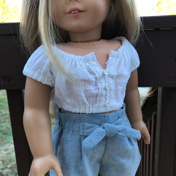 White crinkle gauze crop top and blue chambray paper bag shorts for 18 inch dolls such as American Girl and Our Generation