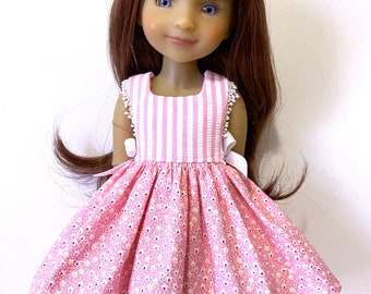 Pink seersucker and cotton print sundress with narrow embroidered lace trim and side bows . Made to fit 15" RRFF dolls