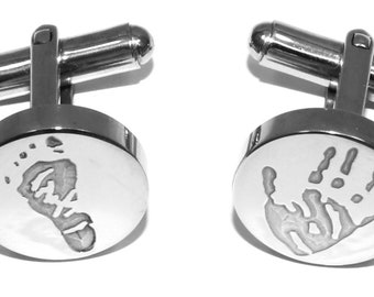 YOUR Baby or Childrens Handprint Footprint Fingerprint in Stainless Steel Round Circle Cufflinks Personalised Gift Daddy Hand Foot Print