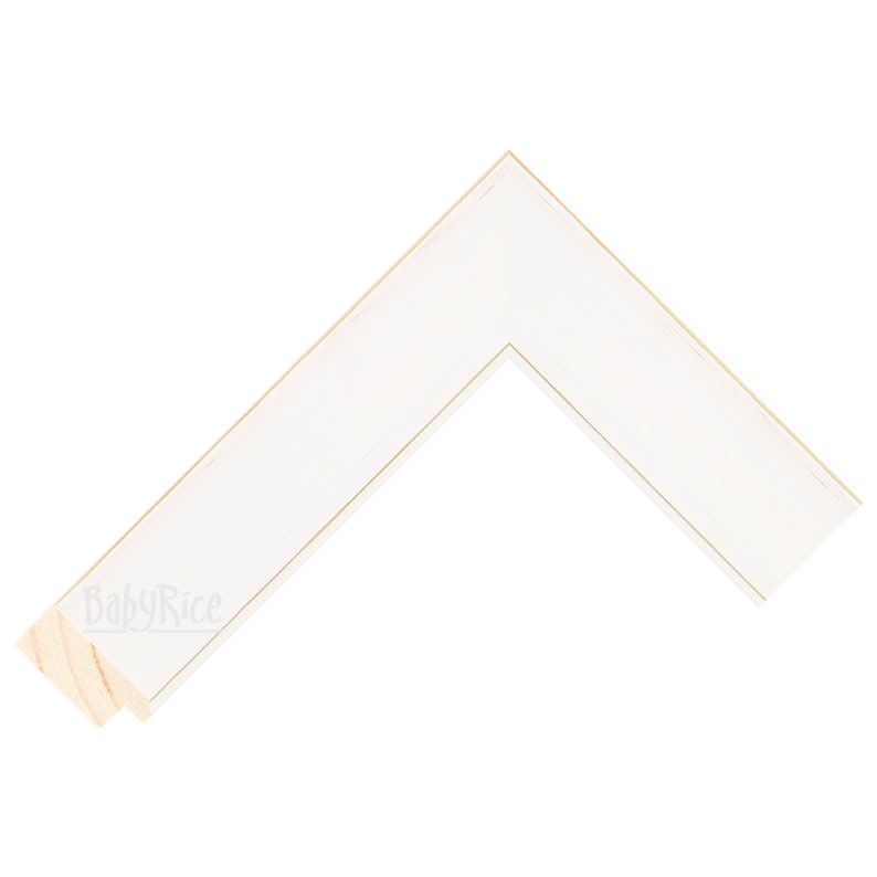 May include: White picture frame with a gold trim. The frame is made of wood and has a natural wood finish on the inside edge.